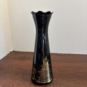Vtg Bartlett Collins Atomic Age Glass 9"Vase Gold Asian Pagoda On Black  MCM